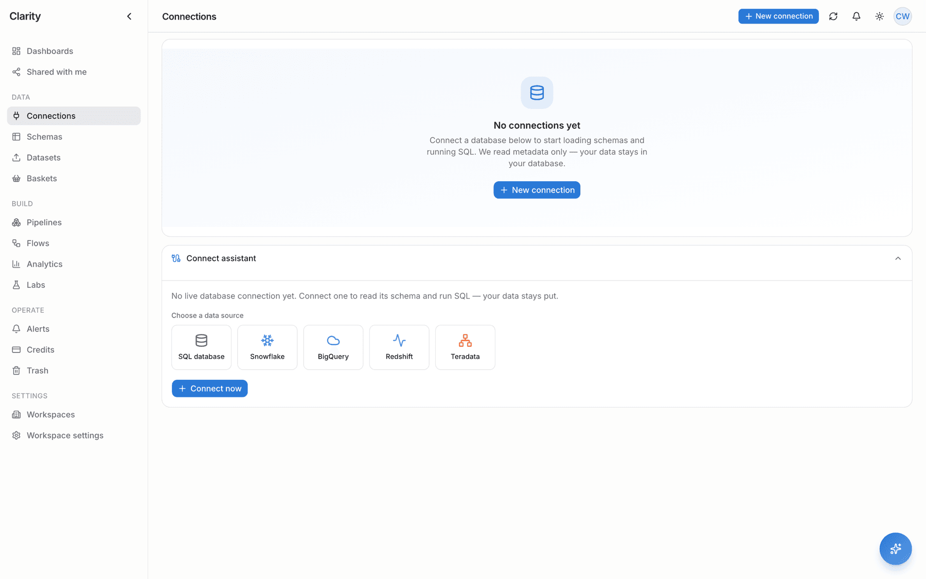 Clarity Connections — choose a SQL database, Snowflake, BigQuery, Redshift, or Teradata.